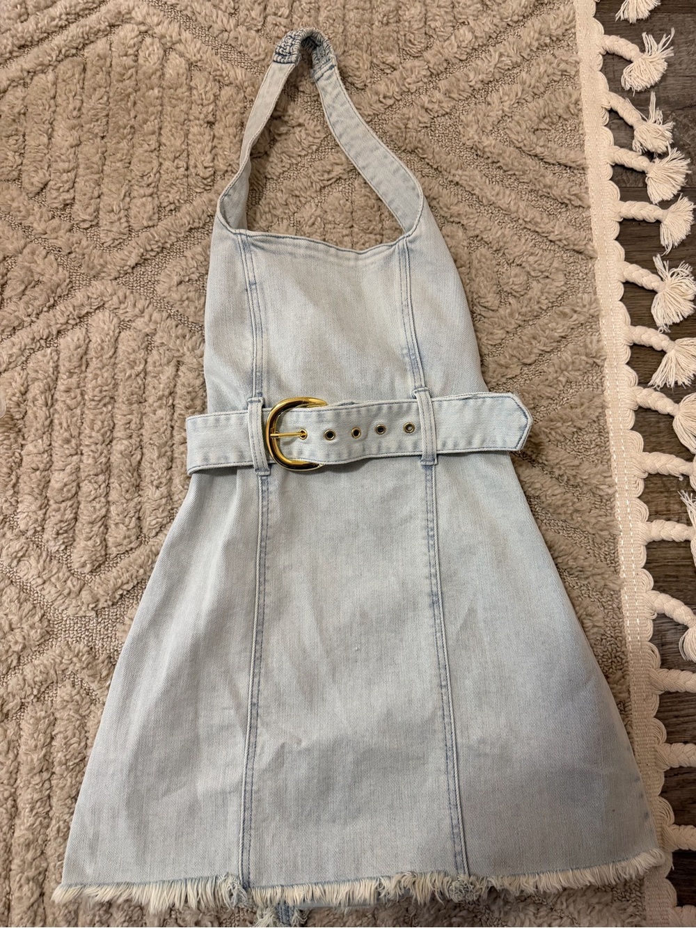 Show Me Your MuMu Light Wash Denim Halter Mini Dress with Gold Buckle